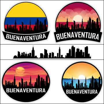 Buenaventura Skyline Silhouette Colombia Flag Travel Souvenir Sticker Sunset Background Vector Illustration SVG EPS AI
