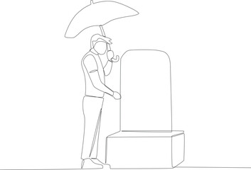 A man standing in a cemetery wearing an umbrella. One line drawing