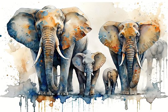 The Family of Elephants. Painting with watercolor. Generative AI