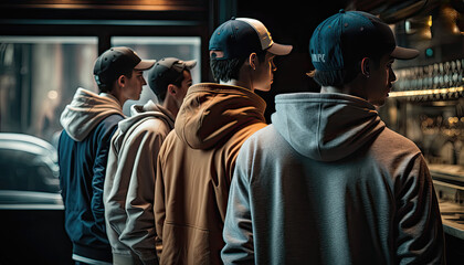 Fototapeta na wymiar 4 guys in hoodies ordering at a bar/restaurant