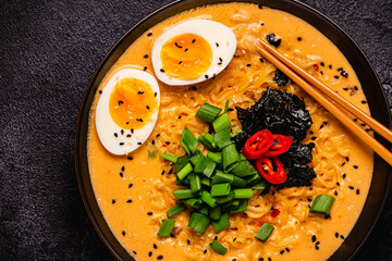 Korean style instant noodle, Shin Ramyeon with egg.