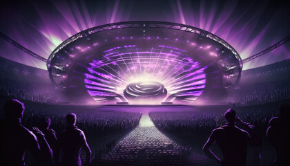 Purple stadium with alot of people and a space themed stage