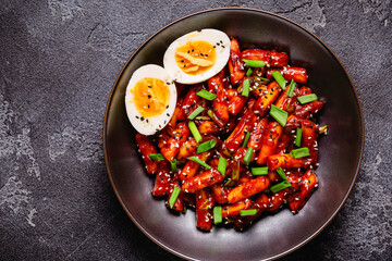 Tteokbokki, Teopokki fried rice cake in black bowl.