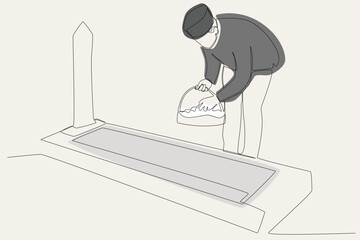 A colored design of a man laying flowers at a funeral. One line drawing