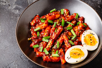Tteokbokki, Teopokki fried rice cake in black bowl.