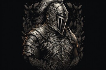 Fototapeta na wymiar Medieval Warrior Portrait Wearing Knights Titanium Armor Helmet and Vest, Knight Warrior Illustration, Suitable for T Shirt, Bag, Mug, Hoodie and Accessories. Background. Generative AI