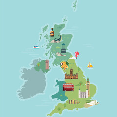 Map of United Kingdom with famous landmarks.