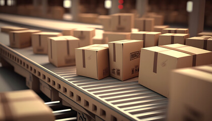 Plakat Modern logistics center, moving cardboard boxes on conveyor belt, sunset light. Generation AI