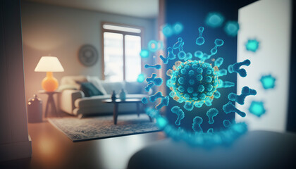 Image virus in middle of live interior of living room house. Concept infection home of people, quarantine. Generation AI