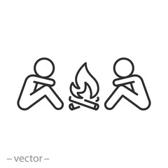 people around the bonfire icon, friends on camp fire, friendly atmosphere, holidays camping, thin line symbol on white background - editable stroke vector illustration eps10