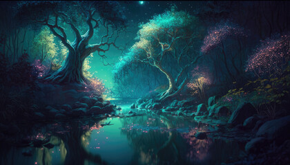 Fototapeta na wymiar Magical Forest with a river under the moonlight and starry sky