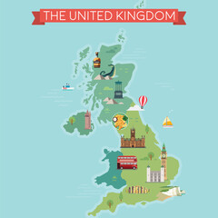 Map of United Kingdom with famous landmarks. - 580760940