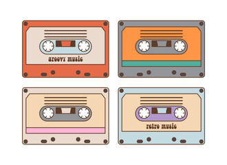 Old fashioned audio cassettes set isolated on white background. Back to 90s. Nostalgia for 1990s element. Retro style.