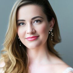 Naklejka premium Portrait of a smiling young woman. Brunette long hair natural makeup face close up. Generative AI
