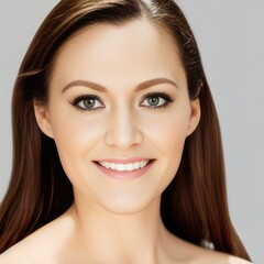 Fototapeta premium Portrait of a smiling young woman. Brunette long hair natural makeup face close up. Generative AI