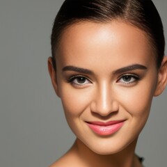 Fototapeta premium Portrait of a smiling young woman. Brunette long hair natural makeup face close up. Generative AI