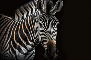 Fototapeta na wymiar Portrait of a zebra with a black background. Generative AI
