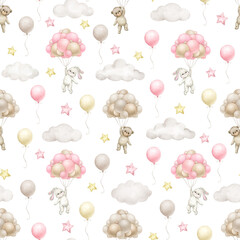 Watercolor seamless pattern. Teddy bear, bunny with air balloons.