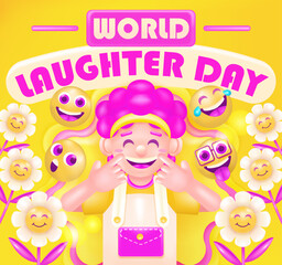 World laughter day. 3d vector happy girl with flower ornament and happy emoticons