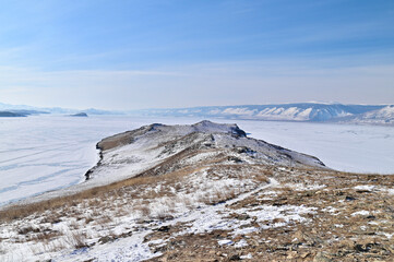 Winter Landscape of Ogoy Island and Frozen Lake Baikal in Siberia, Russia