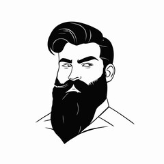 Bearded hipster man face portrait sketch drawing. Hairstyle head guy. Barbershop emblem, logo concept. Profile avatar character. Bearded male silhouette. Black vector illustration isolated on white.