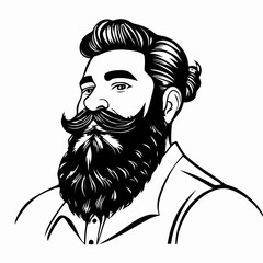 Bearded hipster man face portrait sketch drawing. Hairstyle head guy. Barbershop emblem, logo concept. Profile avatar character. Bearded male silhouette. Black vector illustration isolated on white.