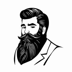Bearded hipster man face portrait sketch drawing. Hairstyle head guy. Barbershop emblem, logo concept. Profile avatar character. Bearded male silhouette. Black vector illustration isolated on white.