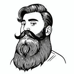 Bearded hipster man face portrait sketch drawing. Hairstyle head guy. Barbershop emblem, logo concept. Profile avatar character. Bearded male silhouette. Black vector illustration isolated on white.
