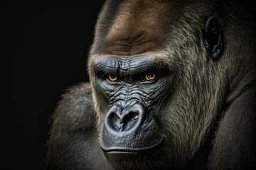 Obraz premium A lovely picture of a gorilla. Male gorilla on black background, closeup face of a gorilla. Generative AI
