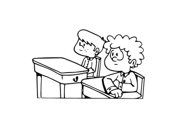 Two cute little boys characters sitting and paying attention to a class in their classroom at school. Pupils. Black and white hand drawn cartoon style vector illustration isolated on white background.