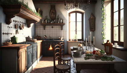 Fototapeta na wymiar Mediterranean style kitchen interior design illustration created using generative AI.