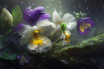 Fototapeta na wymiar violet and yellow flowers in rain close up