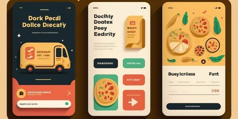 Food delivery mobile app kit template Material Design, UI, UX and GUI Screens. Login, Find Stores, delivery option - obrazy, fototapety, plakaty