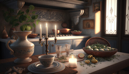 Mediterranean style kitchen interior design illustration created using generative AI.