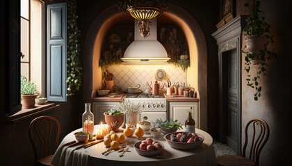 Mediterranean style kitchen interior design illustration created using generative AI.