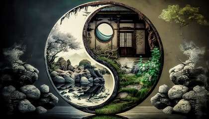 Fototapeta na wymiar Feng Shui Ying Yang Symbol Energie und Zen Illustration Generative AI Digital Art Kunst Hintergrund Cover Magazin