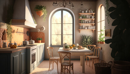 Mediterranean style kitchen interior design illustration created using generative AI.