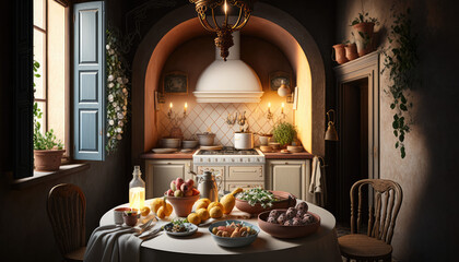 Mediterranean style kitchen interior design illustration created using generative AI.