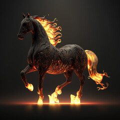 horse, stalion, aesthetic, ornaments, chinese zodiac, zodiac, brown, burning, fire style, portrait, in action, generative ai