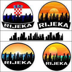 Rijeka Skyline Silhouette Croatia Flag Travel Souvenir Sticker Sunset Background Vector Illustration SVG EPS AI