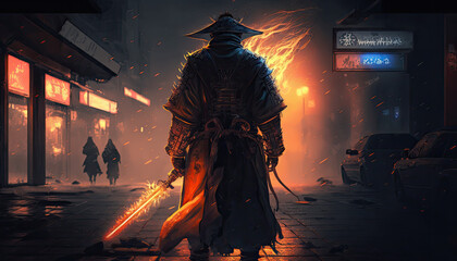 Powerful samurai with a sword made of fire at night