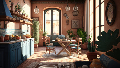 Mediterranean style kitchen interior design illustration created using generative AI.