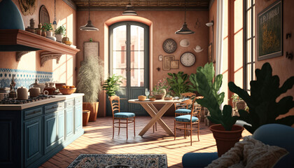 Mediterranean style kitchen interior design illustration created using generative AI.