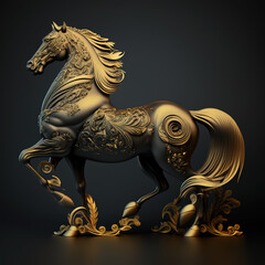 horse, stalion, aesthetic, ornaments, chinese zodiac, zodiac, brown, metal, metal style, portrait, in action, generative ai