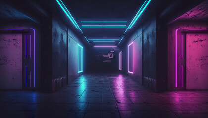 Fototapeta na wymiar Empty concrete grunge club background with purple and blue glowing neon. Neon sci-fi style modern futuristic concept background. 3D realistic illustration. Based on Generative AI