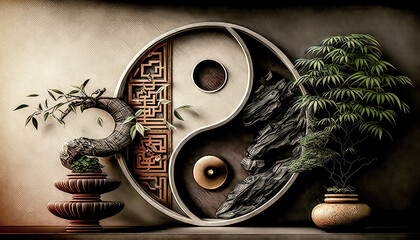 Feng Shui Ying Yang Symbol Energie und Zen Illustration Generative AI Digital Art Kunst Hintergrund Cover Magazin - obrazy, fototapety, plakaty
