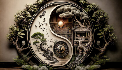 Feng Shui Ying Yang Symbol Energie und Zen Illustration Generative AI Digital Art Kunst Hintergrund Cover Magazin