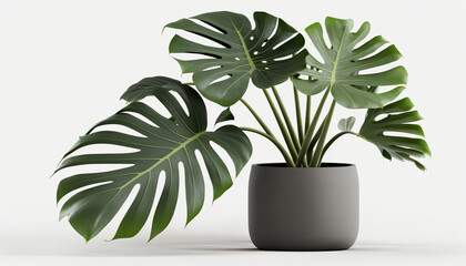 Monstera plant in pot isolated on white background. Minimal tropical leaves houseplant home decor. 3D realistic illustration. Based on Generative AI