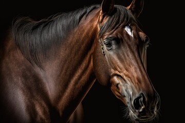 Fine art shot of a dark chestnut brown quarter horse gelding on a black background. Generative AI