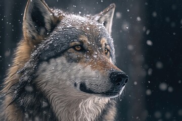 Animal portrait of a wolf in a snowfall. Generative AI